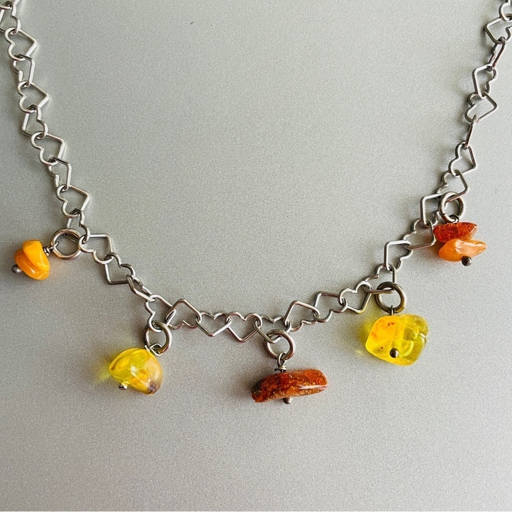 Natural Amber Multicolor Nugget Heart Link Sterling Silver Necklace Yolk…